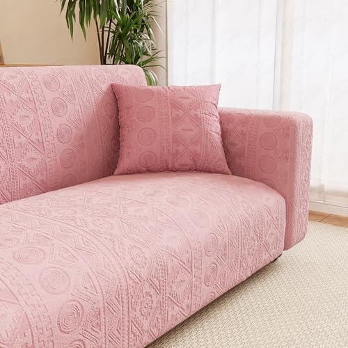 Image of Lukzer 3 Seater Pastel Pink Tribal Pattern Sofa Cover | 240 GSM Universal Stretch Fit Jacquard Fabric Couch Protector | Fully Covered Anti Slip & Washable Sofa Cover (180-230cm /SC-073-03)