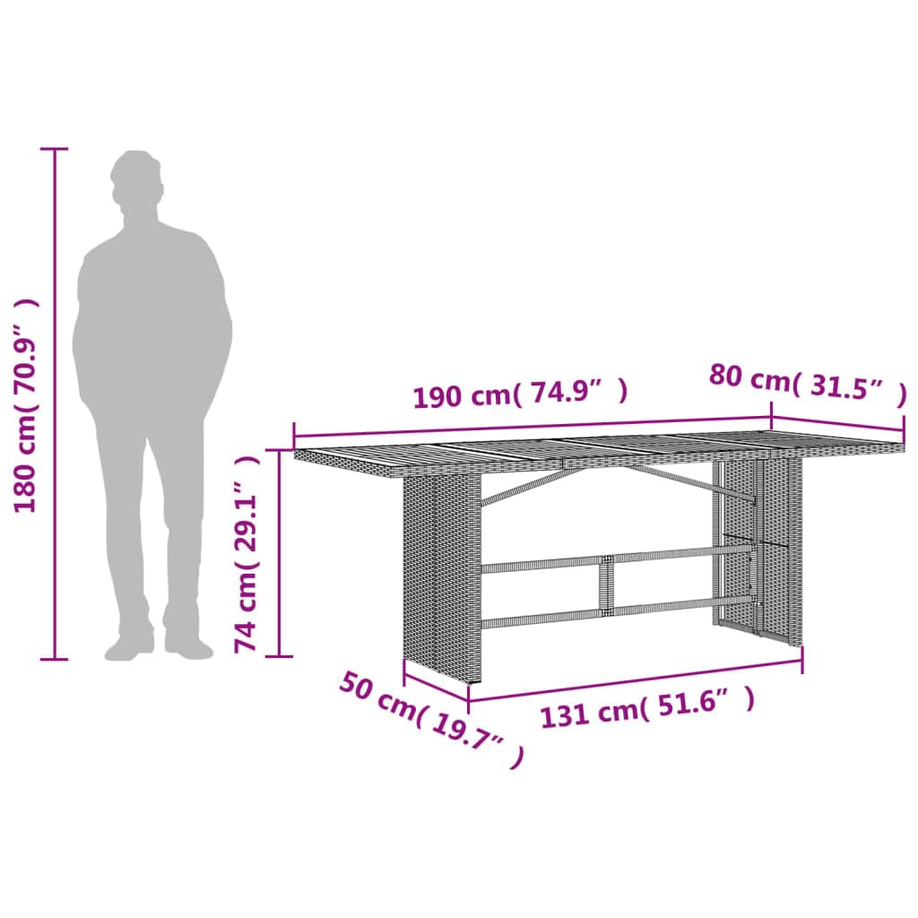 Stół ogrodowy z blatem z drewna akacjowego, 190 x 80 x 74 cm, polirattan, stabilna rama malowana proszkowo, odporna na warunki atmosferyczne, do ogrodu, na balkon, taras, składany, zajmuje