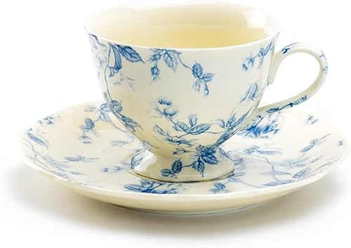 Blue Rose Toile - Taza de té y platillo de porcelana fina, color negro, blanco y dorado disponible en Yaxa Colombia