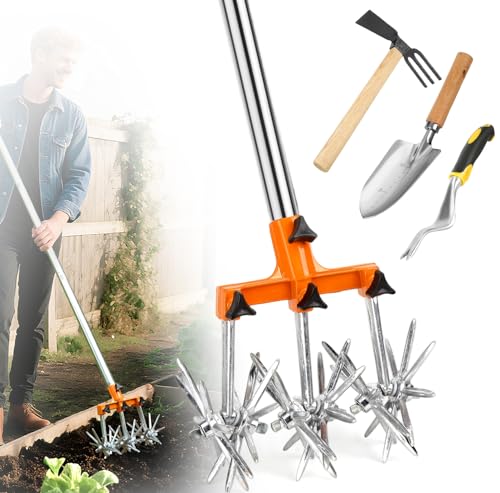 57 Inch Rotary Tiller 4-Piece Garden Tool Set with Adjustable Steel Poles - Lawn Soil Cultivator Kit for Gardening, Reseeding & Weeding