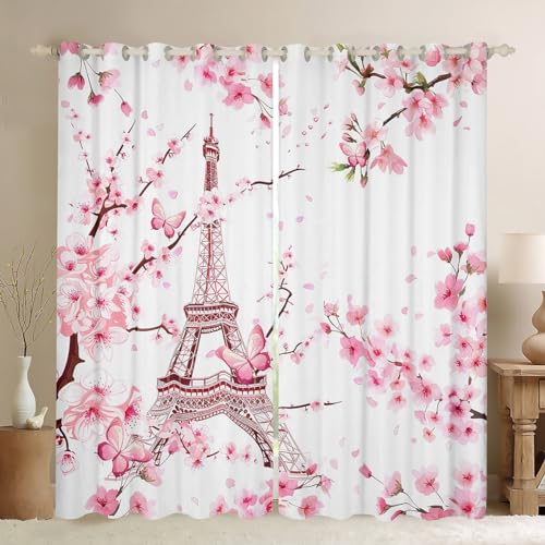 Eiffel Tower Window Curtains,Pink Cherry Blossoms Curtain,Peach Blossom Window Drapes for Kids Teens Boys Young Man,Modern Bedroom Decorative,Butterfly Curtain,38Wx54L