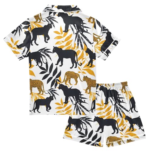 ALAZA Leopard Palm Leaf Tree Satin Pajamas Set Short Sleeve Button Down Sleepwear Summer Pjs 2 Piece2