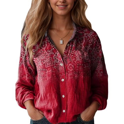 Floral Linen Shirt for Women Spring Summer Boho Front Button Down Tops Vintage Casual Long Sleeve Oversized Top Tees