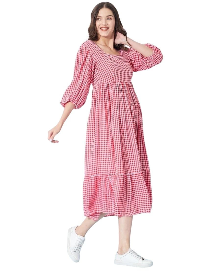 karma apparel Women’s Checkered Printed Midi Dress | Puff Sleeve Flowy A-Line Dress for Women | Casual Wear Outfit-picture-13