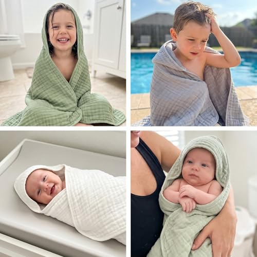 Image of Peryiter 4 Pcs Muslin Hooded Baby Towels, 32 inchx 32 inch Cotton Newborn Bath Towel Muslin Infant Baby Blankets Absorbent Unisex Newborn Registry Gift Essentials for Girls Boys (Green,Gray,Beige)