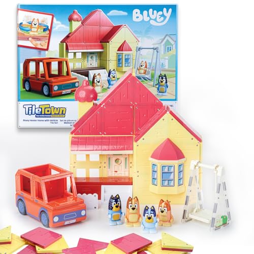TILE TOWN Bluey Heeler Home and 4WD Vehicle Magnetic Tiles Construction Building Playset + Family Figures Kids 3-5+ New ACTION TILES for Action Play Realistic Builds STEM Creative Toy