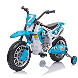 AOKOY Electric Dirt Bike for Kids 12V Battery Powered Motorcycle for Boys Ride On Toys for Kids w/ 2 Speeds Training Wheels Music and Shock Absorber, Blue