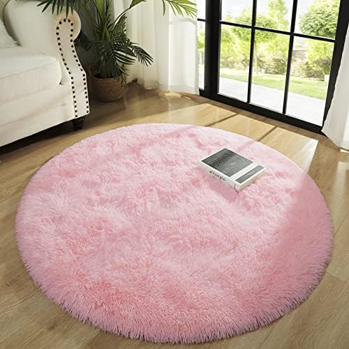 DETUM Pink Round Rug for Girls Bedroom,Fluffy Circle Rug 4 X 4 Feet for Kids Room,Furry Carpet for Teen Girls Room,Shaggy Circular Rug for Nursery Room,Fuzzy Plush Rug for Dorm,Cute Room Decor for Baby
