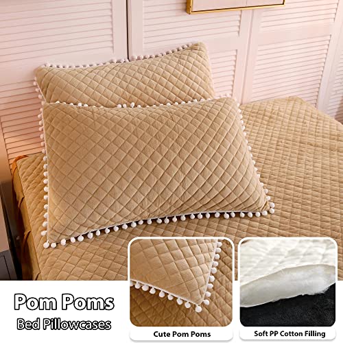 Image of LIFEREVO Luxury Plush Shaggy Duvet Cover Set, Soft Velvet Fluffy Furry Duvet Cover Set(1 Faux Fur Fuzzy Comforter Cover + 1 Pom-poms Pillow Sham)Solid Bedding Set, Zipper Closure(Twin /Twin XL, Camel)