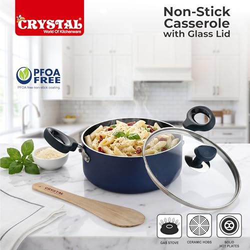 Image of Crystal Aluminium Non Stick Caserolle with Glass lid | PFOA Free | 320 mm | Blue