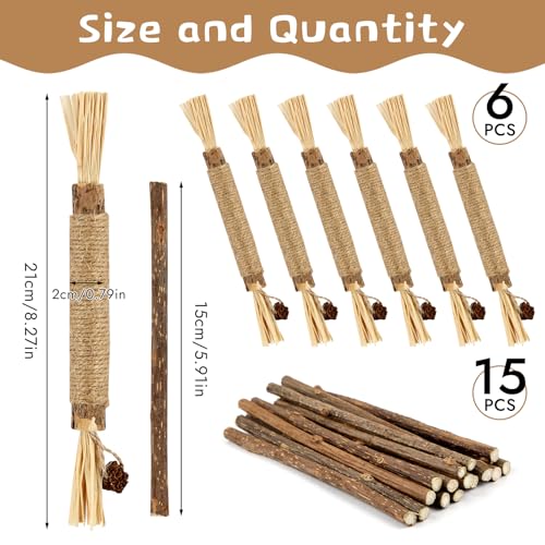 Tikplus 21 Stück Katzenminze Stick, 6 Stück Katzenminze Spielzeug 15 Stück Matatabi Stick Katze, Katzen Kauhölzer Sticks für Katzen Zahnpflege und Gegen Mundgeruch Katzensticks Kausticks