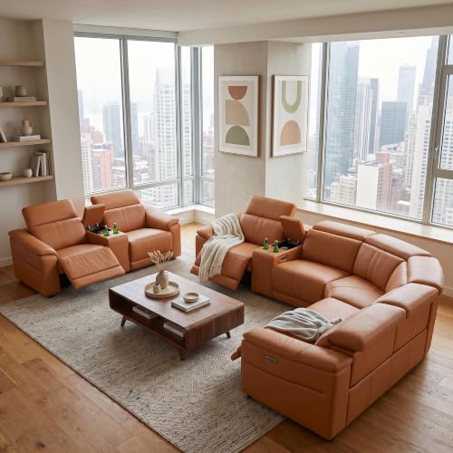 Image of Power Recliner Sectional Sofa, L-Shaped Living Room Furniture Set, Reclining Sectional Couch with Storage Console /Cup Holder for Living Room /House /Apt (Light Brown, Sectional+Loveseat)