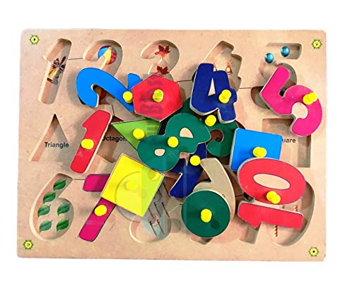 Image of FunBlast Educational Wooden Cute Shapes and Number Board for Kids Jigsaw Puzzle Board for Kids with Knobs, Wooden Board Tray Educational Learning Toy for Kids|Girls|Boys Size- 30 X 22 cm