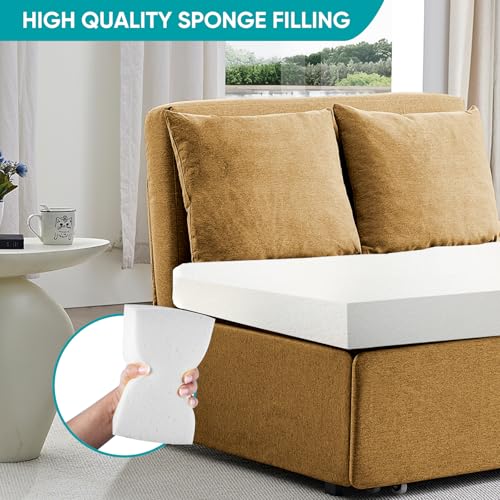 Image of BALUS 43 inch W Twin Size Sleeper Couch Bed Pull Out Sofa with Pullout Beds, 2 in 1 Convertible Linen Single Sleepers Sofas Chair with Foldable Mattress and Pillows for Small Space Apartment, Yellow