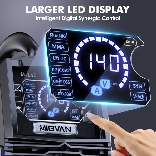 Image of 140A MIG Welder, MIGVAN 110V Flux Core MIG /Stick /Lift TIG 3 in 1 Welding Machine with Large LED Digital Display, IGBT Inverter Portable Gasless Welder with Welding Gun and Flux Core Wire