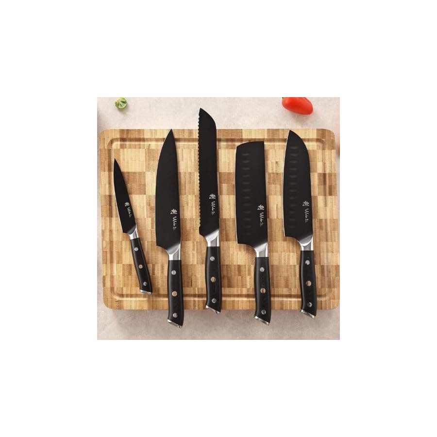 Wakoli Knife Block Sets, 5-Piece Chef Knife Set with Block - Professional Kitchen Knife Set with Magnetic Knife Block, 5Cr15MoV Stainless Steel Kitchen Knife Block Set with G10 Handles (Titanium Noir)