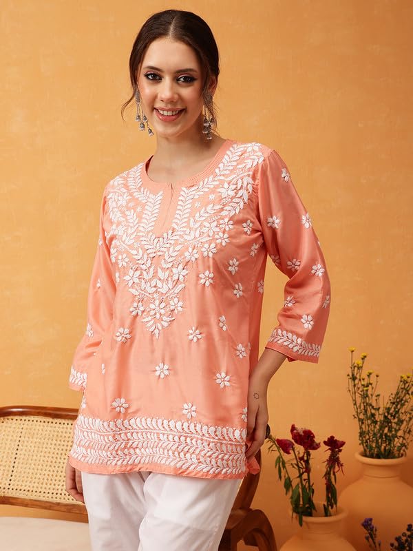 Image of Ada Women's Muslin Straight Fit Tunic Hand Embroidered Lucknowi Chikankari Straight Top Short Kurti A911420