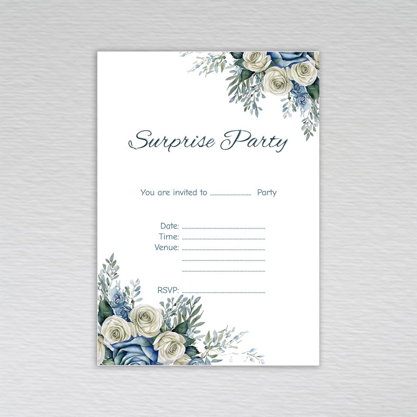 Webspectations Pack of Surprise Party Invitations: Dusty Blue Rose Surprise Party Invites (Pack of 50 without Envelopes)