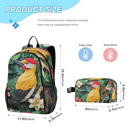 Animal Kids Backpack Yellow-headed Woodpecker School Bookbag with Lunch Bag for Boys Girls Preschool Kindergarten Elementary Laptop Daypack2