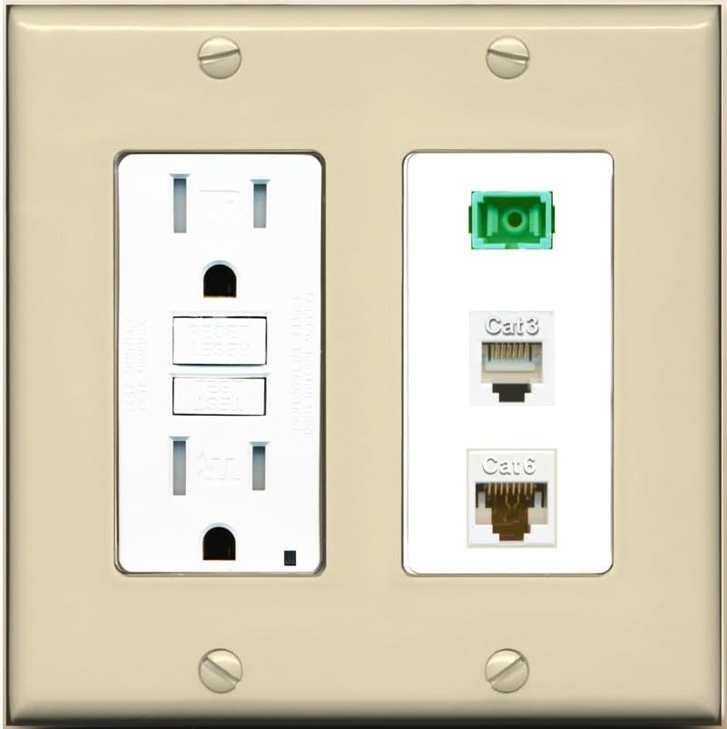 RiteAV 1 Port SC APC Simplex Phone and Cat6 Ethernet Wall Plate - GFCI Outlet [Screwless White]