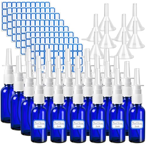 ZHWKMYP 40 botellas de spray nasal, 30 ml, botella de spray nasal vacía de vidrio azul recargable con 8 embudos y 8 etiquetas