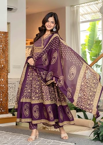 Image of Pistaa's Women's Pure Cotton Anarkali Floral Printed Hand Work Kurta with Pant & Dupatta Set