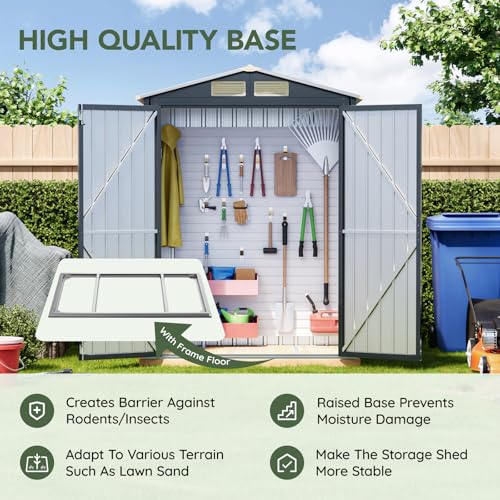 Image of 5x3 FT Outdoor Metal Storage Shed with Floor Frame, Double Door, 1 Clear Window, Tool Shed for Garden, Patio, Backyard