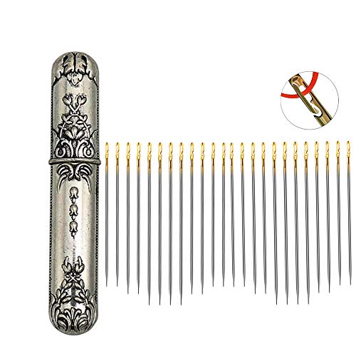 Self Threading Needles, 24pcs Big Eye Embroidery Needle DIY Hand Sewing Needle with Vintage Needle Case