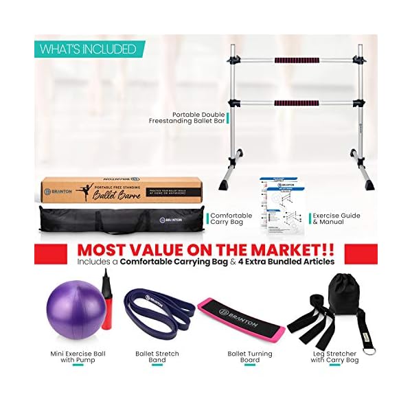 B BRANTON Ballet Barre Workout Equipment Bundle - 4’ Height Adjustable Lightweight 5 Piece Home Dance Set Including Ballet Bar and Leg Stretcher - Ballet Exercise Set for Home Practice