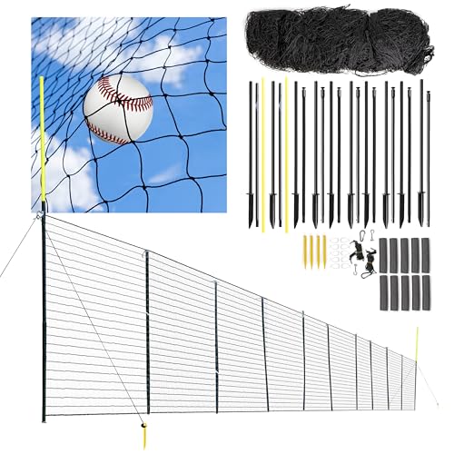100 FT Baseball Fence with Foul Poles – 5 FT Tall Portable Netting Fence System with Anchors | Mini Baseball & Softball Field for Backyard | Easy Setup | 12-Month Warranty