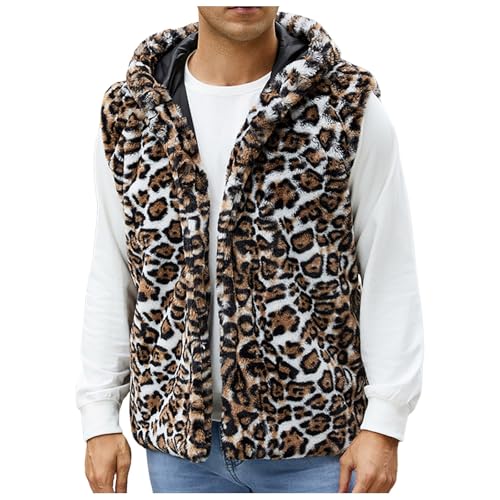 Beokeuioe Gilet en fausse fourrure pour homme - Motif léopard - Gilet d'hiver en fourrure synthétique - Col montant chaud - Veste d'hiver en peluche - Sans...