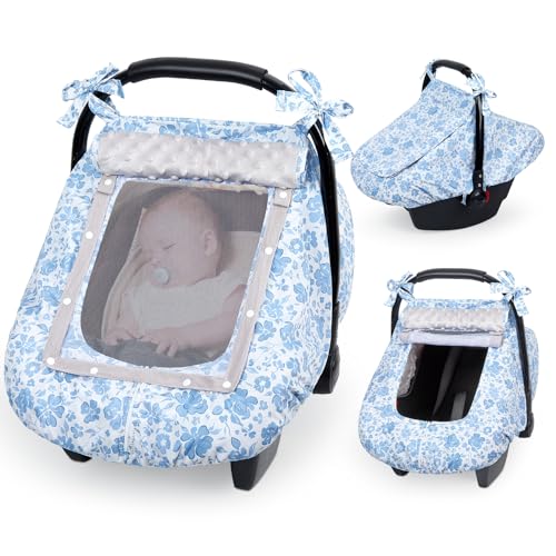 Image of FIOBEE Baby Car Seat Cover, Car Seat Covers for Babies Infant Car Seat Canopy with Breathable Mesh Window Waterproof Carseat Cover for Babies Boy Girl 4 Seasons, Ice Blue Floral