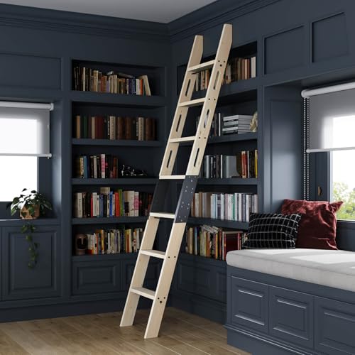 CEAKIAN Rolling Library Ladder 8ft 450lbs Capacity 7 Steps with Build-in Handrail Solid Wood Easy Assembly for Loft Bookshelf Kitchen Attic Outdoors DIY Stain (No Sliding Hardware)