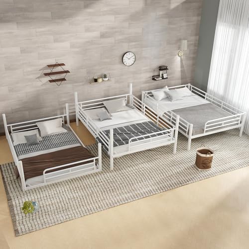 Image of Full Over Full Over Full Bunk Bed with Safety Guardrails, Modern Metal Triple Bed Frame for Kids, No Box Spring Required, White