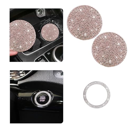 Image of Ziciner 2 Pack Bling Car Cup Holder Coaster, Anti-Slip Auto Insert Coaster with Start Stop Button Cover, Universal Shiny Crystal Vehicle Interior Accessories for Women and Girls (Golden)