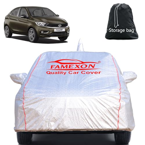Image of Waterproof Car Body Cover with Mirror Pocket Compatible for Tata Tigor Triple Layer Inner Fabric & Pipein Design Protects from Animals, Heat, Rainfall (Metallic Silver)