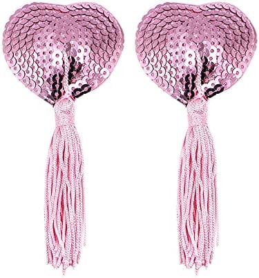 JUMISEE Reusable Adhesive Nipple Cover,Shiny Sequin Silicone Heart-Shaped Breast Pads Pasties Bra with Tassel (Pink)