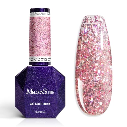 Image of MelodySusie Galaliver Pink Glitter Gel Nail Polish, 15ML Sparkly Light Pink Shimmer Gel Polish Soak Off UV LED Cured Long Lasting Gift for Women DIY Nail Design Nail Art Manicure X12