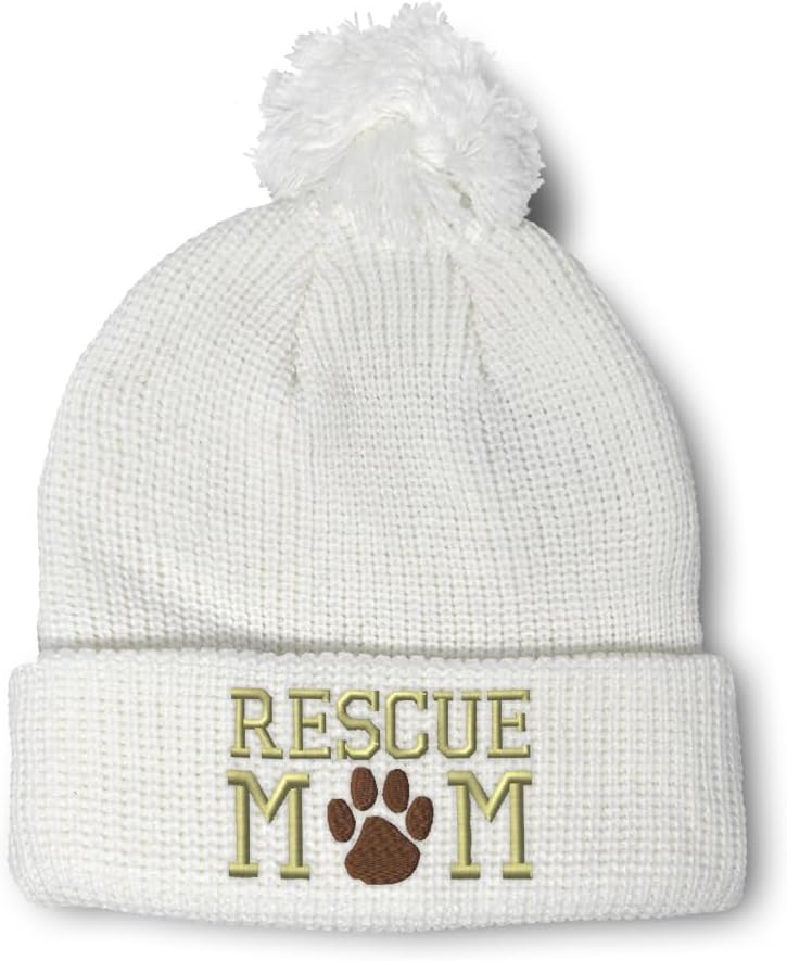 Pom Pom Beanies for Women Rescue Mom Dogs Cats Mother Skull Cap Winter Hats for Men Acrylic One Size