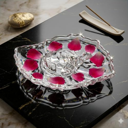 Image of SAUDEEP INDIA Crystal Turtle with Leaf Tray for Home Decor | Vastu Feng Shui Tortoise with Plate for Good Luck | Wealth & Prosperity Table Accent | Gift for Home & Office-16x11x3 cm