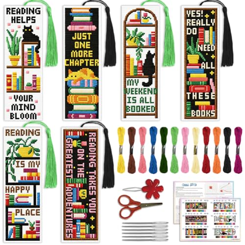 Image of ACRNIGHEET 6PCS Cross Stitch Bookmark Kit for Beginner Stamped Cross Stitch Kits for Adults Bookshelves DIY Tassel Embroidery Bookmark Kits Needlepoint Kit with Instructions Craft Gift 8.5''x3'' 11CT