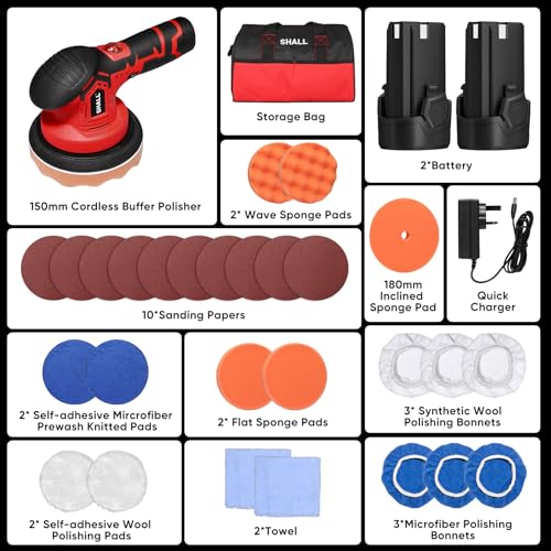 SHALL-Cordless Car Buffer Polisher - 6 Inch Portable Polishing Waxer Machine Kit,2500-5000 RPM,27PCS Car Polishing Kit,for Car Detailing/Waxing/Buffer/Polisher，British Fast Charging Plug - Image 8