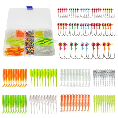 135 Pieces Jig Heads Fishing Hooks kit with Soft Plastic Crappie Lures for Crappie Trout Bass Walleye Bluegill Perch Catfish