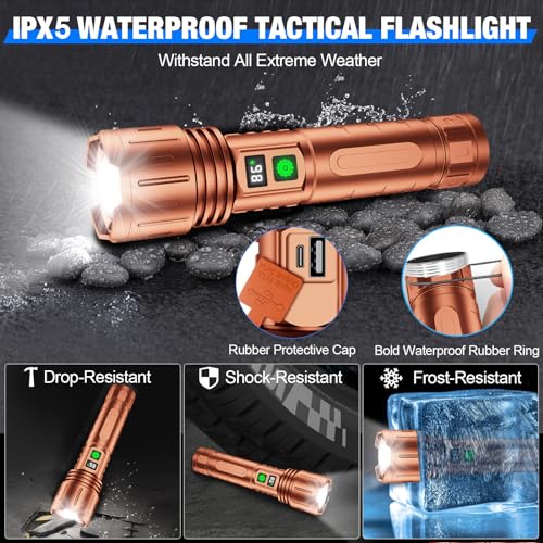 Image of Banral Flashlights High Lumens Rechargeable, Super Bright LED Powerful Flashlight, Type-C, 5 Modes, Zoomable, IPX5 Waterproof High Powered Tactical Flash Light for Emergency Camping,Brown