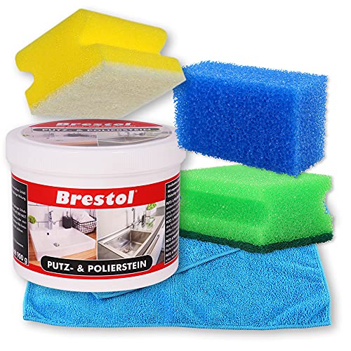 PUTZ & POLIERSTEIN 900 g + accessoires Set 1 – Pâte de nettoyage universelle avec parfum d'agrumes laisse un effet déperlant dans la cuisine et la salle de bain – Nettoyant universel