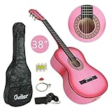 Oteymart Beginner Acoustic Guitar Kit 38” with Case,Strap, Pick, Pitch Pipe, Strings for Right-handed Child Kid Starter Wood Body,Pink Christmas Thanksgiving Gift
