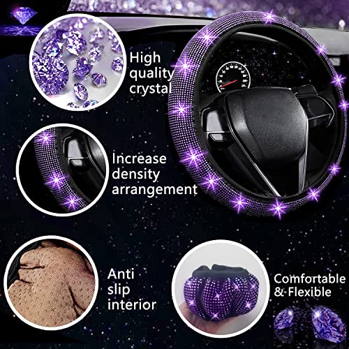 Image of NBTEPEM 27 PCs Purple Violet Bling Car Accessories Set for Women, Steering Wheel Covers Universal Fit 15 Inch, Bling License Plate Frame, Bling Phone Holder, Bling Car Coasters