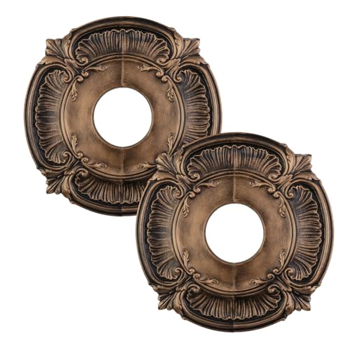 Image of PU Ceiling Medallions 2Pcs, 13.1 Inches x 3.38 Inches, Bronze Tone | Split Type, Fits 3.38 Inches Canopy, European Vintage Carving Style, Synthetic Foam Construction for Easy Installation