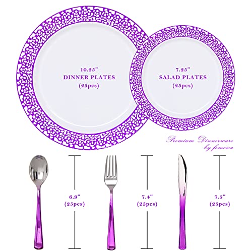Fomoica Purple Plastic Plates And Purple Silver Silverware - 125 Piece Disposable Premium Plastic Dinnerware Set – Dinner Plates, Forks, Spoons, Knives – Birthday Parties, Wedding, Halloween Christmas #TOP4