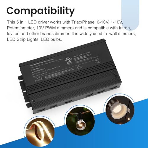 Image of 500W Dimmable LED Driver 24V, 110V-277V AC to 24V DC Led Light Transformer Compatible with lutron and leviton Dimmer, TRIAC /Phase /0-10V /1-10V /Potentiometer /10V PWM 5 in 1 Dimming LED Driver, UL Listed
